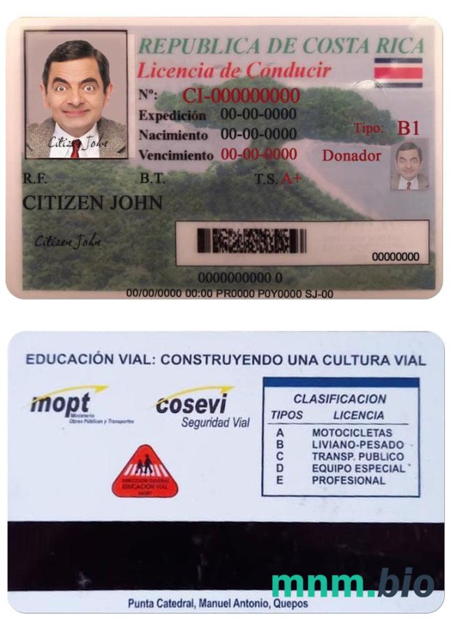 Kostaryka prawa jazdy szablon ze wszystkimi czcionkami